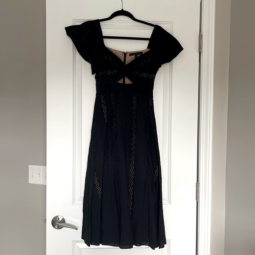 BCBG Max Azaria Fit & Flare Black Eyelet Midi Dress Size 0